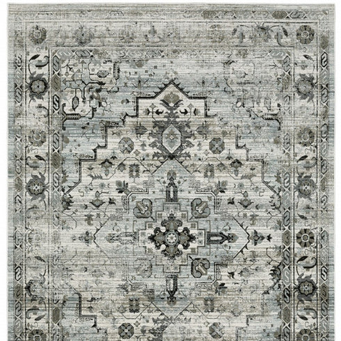 8' X 11' Ivory Grey Charcoal Blue And Taupe Oriental Power Loom Stain Resistant Area Rug