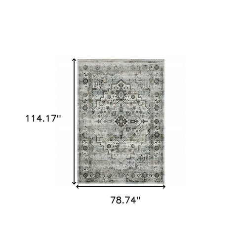 8' X 11' Ivory Grey Charcoal Blue And Taupe Oriental Power Loom Stain Resistant Area Rug