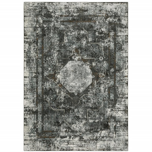 8' X 11' Charcoal And Gray Oriental Distressed Area Rug