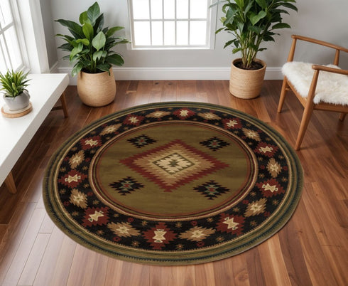 8' X 11' Green Southwestern Power Loom Stain Resistant Area Rug