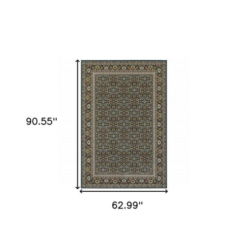 8' X 11' Navy Blue Green Red Ivory And Yellow Oriental Power Loom Stain Resistant Area Rug
