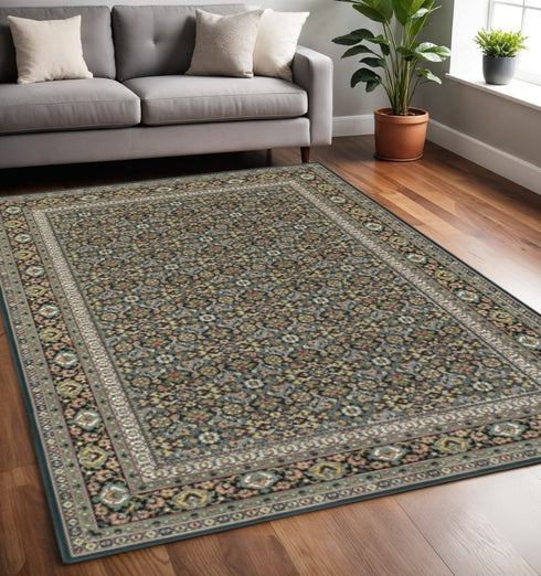 8' X 11' Navy Blue Green Red Ivory And Yellow Oriental Power Loom Stain Resistant Area Rug