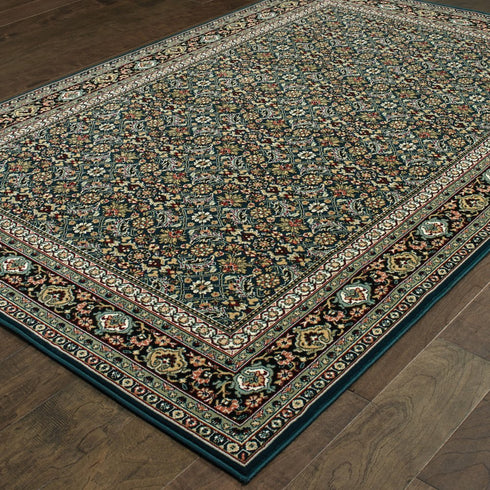 8' X 11' Navy Blue Green Red Ivory And Yellow Oriental Power Loom Stain Resistant Area Rug