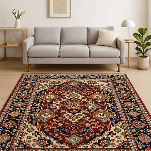 8' X 11' Red Blue Orange And Beige Oriental Power Loom Stain Resistant Area Rug With Fringe