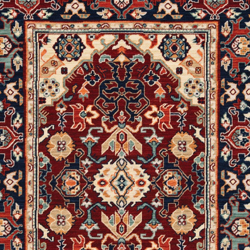 8' X 11' Red Blue Orange And Beige Oriental Power Loom Stain Resistant Area Rug With Fringe