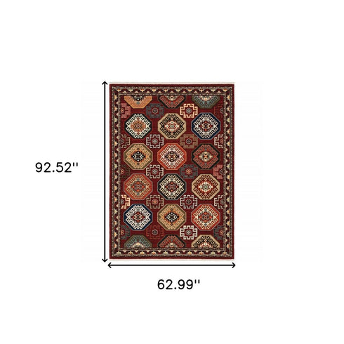 8' X 11' Red Blue Brown And Beige Oriental Power Loom Stain Resistant Area Rug With Fringe