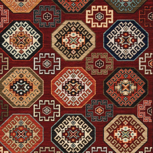 8' X 11' Red Blue Brown And Beige Oriental Power Loom Stain Resistant Area Rug With Fringe
