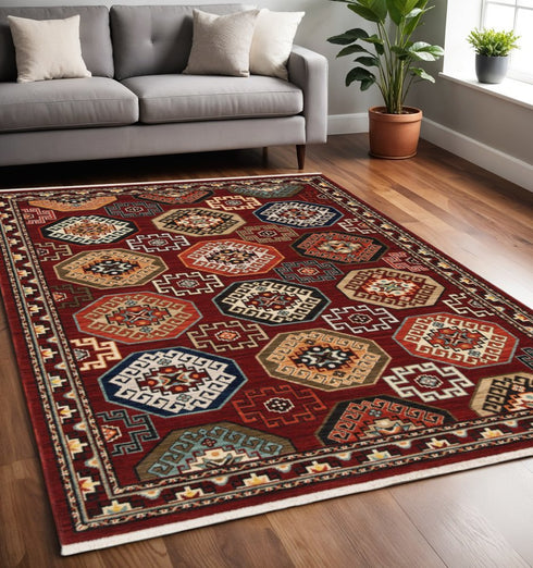 8' X 11' Red Blue Brown And Beige Oriental Power Loom Stain Resistant Area Rug With Fringe