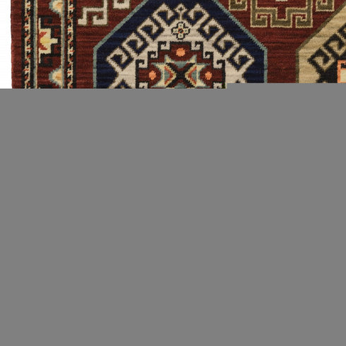 8' X 11' Red Blue Brown And Beige Oriental Power Loom Stain Resistant Area Rug With Fringe