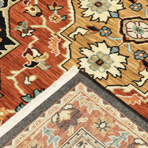8' X 11' Black And Orange Oriental Area Rug With Fringe