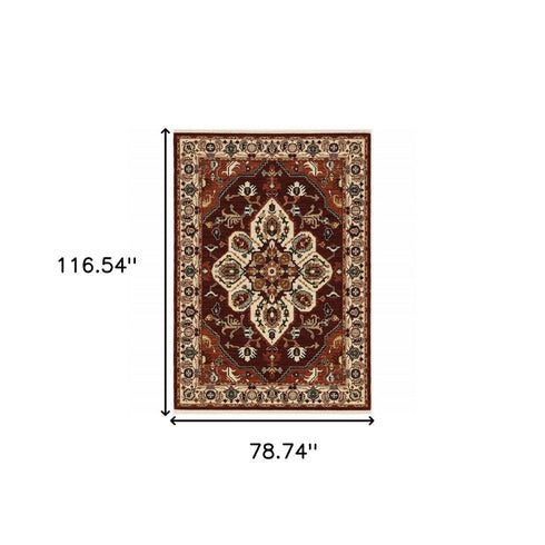 8' X 11' Red And Ivory Oriental Area Rug With Fringe