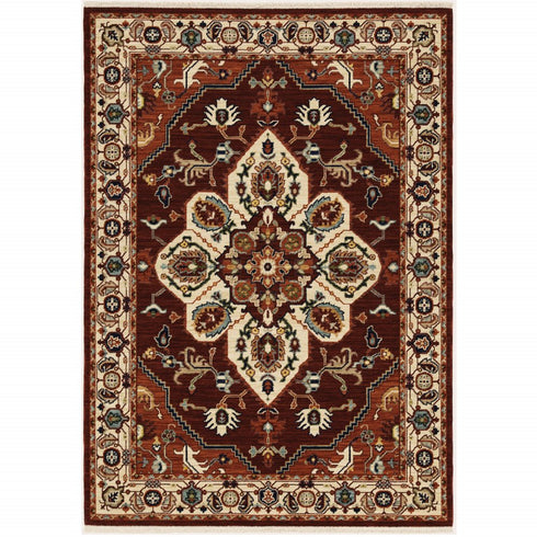 8' X 11' Red And Ivory Oriental Area Rug With Fringe