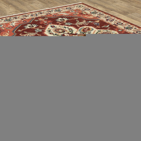 8' X 11' Red And Ivory Oriental Area Rug With Fringe
