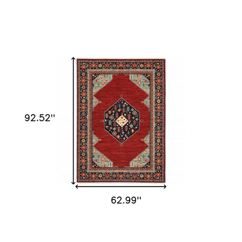 8' X 11' Red Blue Orange And Ivory Oriental Power Loom Stain Resistant Area Rug With Fringe