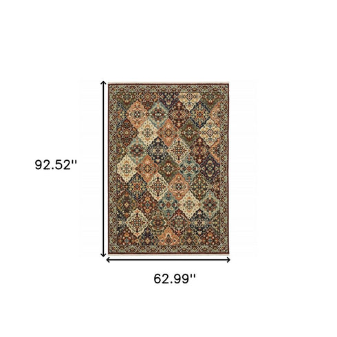 8' X 11' Red Rust Navy Light Blue Brown Orange Ivory And Gold Oriental Power Loom Stain Resistant Area Rug With Fringe