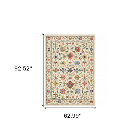 8' X 11' Ivory Salmon Pink Gold Blues Grey Rust And Green Oriental Power Loom Stain Resistant Area Rug With Fringe