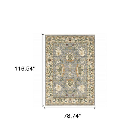8' X 11' Grey Ivory Orange Teal Green Charcoal Blue And Red Oriental Power Loom Stain Resistant Area Rug With Fringe