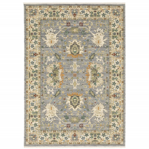 8' X 11' Grey Ivory Orange Teal Green Charcoal Blue And Red Oriental Power Loom Stain Resistant Area Rug With Fringe