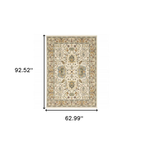 8' X 11' Ivory Oriental Power Loom Stain Resistant Area Rug With Fringe