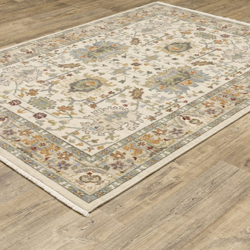 8' X 11' Ivory Oriental Power Loom Stain Resistant Area Rug With Fringe