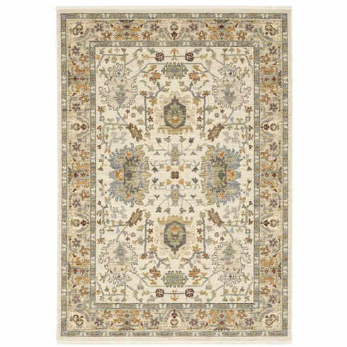 8' X 11' Ivory Oriental Power Loom Stain Resistant Area Rug With Fringe