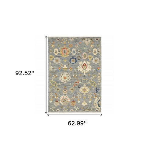 8' X 11' Gray Ivory And Blue Oriental Area Rug With Fringe