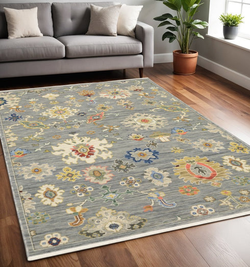 8' X 11' Gray Ivory And Blue Oriental Area Rug With Fringe