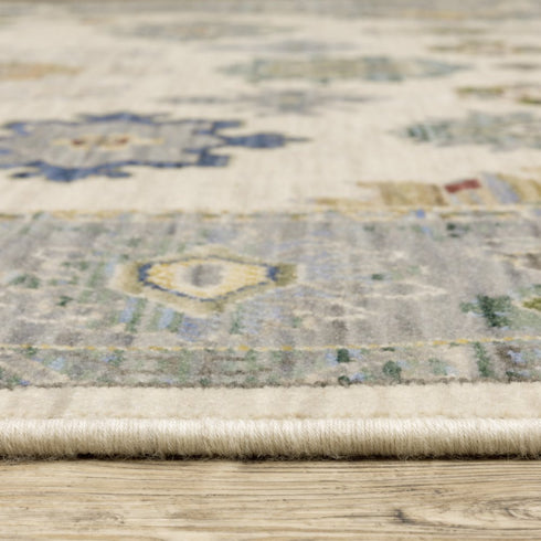 8' X 11' Ivory Blue Grey Teal Gold Green And Rust Oriental Power Loom Stain Resistant Area Rug With Fringe