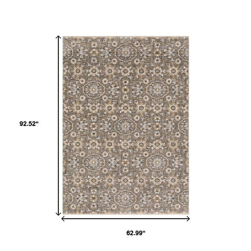 8' X 11' Gray Floral Power Loom Area Rug With Fringe
