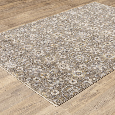 8' X 11' Gray Floral Power Loom Area Rug With Fringe