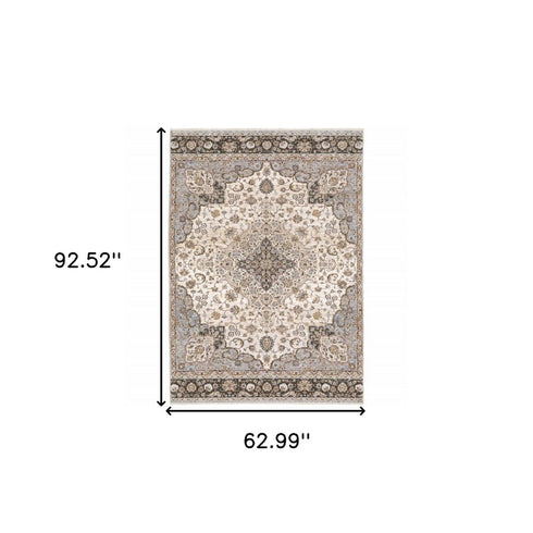 8' X 11' Ivory And Blue Oriental Area Rug With Fringe