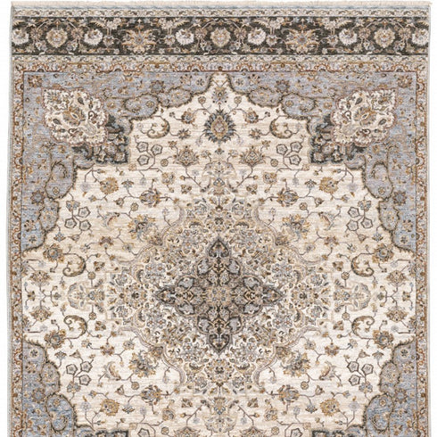 8' X 11' Ivory And Blue Oriental Area Rug With Fringe