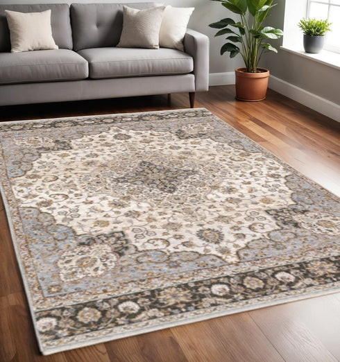 8' X 11' Ivory And Blue Oriental Area Rug With Fringe
