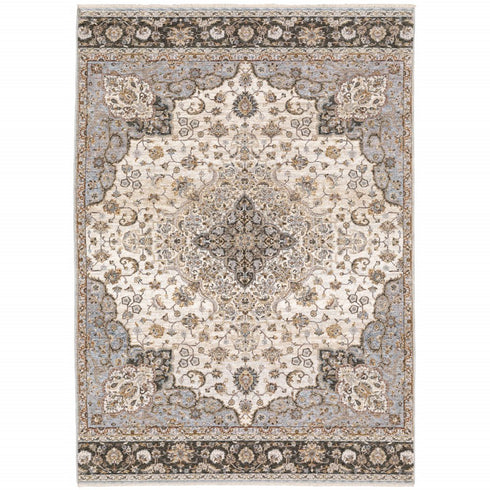 8' X 11' Ivory And Blue Oriental Area Rug With Fringe