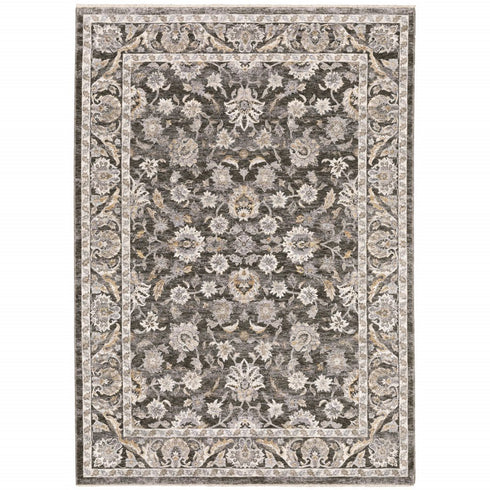8' X 11' Grey And Ivory Oriental Power Loom Stain Resistant Area Rug With Fringe