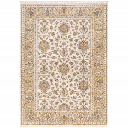 5' X 8' Ivory And Gold Oriental Power Loom Stain Resistant Area Rug With Fringe