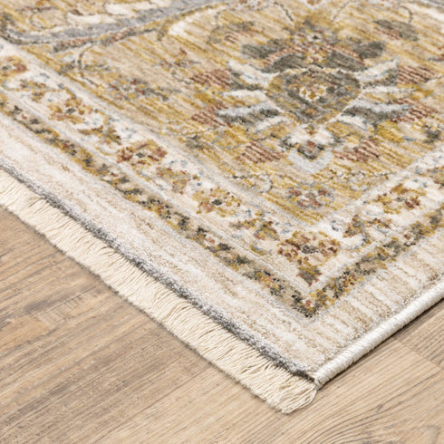 5' X 8' Ivory And Gold Oriental Power Loom Stain Resistant Area Rug With Fringe