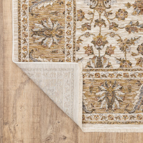 5' X 8' Ivory And Gold Oriental Power Loom Stain Resistant Area Rug With Fringe