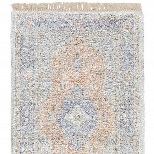 8' Blue And Red Oriental Hand Loomed Distressed Runner Rug With Fringe