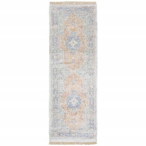 8' Blue And Red Oriental Hand Loomed Distressed Runner Rug With Fringe