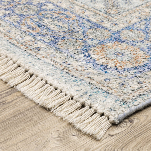 8' Blue And Red Oriental Hand Loomed Distressed Runner Rug With Fringe