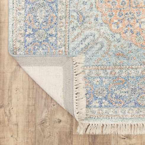 8' Blue And Red Oriental Hand Loomed Distressed Runner Rug With Fringe