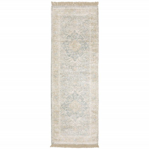 8' Gray And Beige Oriental Hand Loomed Distressed Runner Rug With Fringe