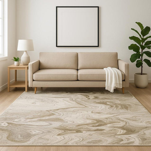 8' X 11' Ivory Tan Beige Grey And Brown Abstract Power Loom Stain Resistant Area Rug