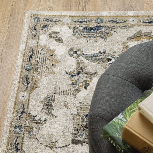 7' X 9' Beige And Gold Oriental Distressed Area Rug