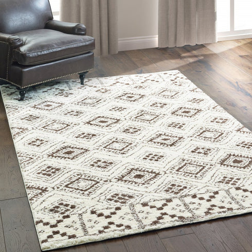 8' X 11' Ivory And Brown Geometric Shag Area Rug
