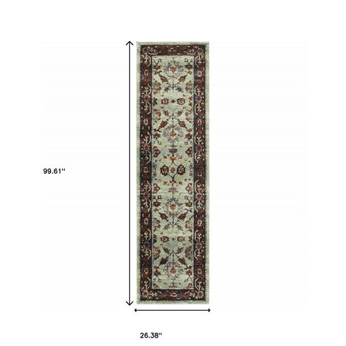 8' Red And Ivory Oriental Runner Rug