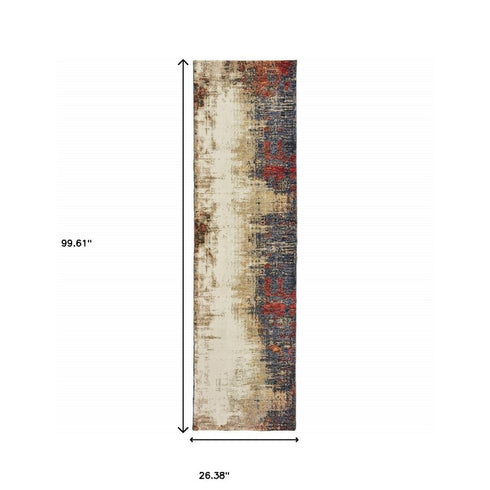 8' Blue And Beige Abstract Runner Rug