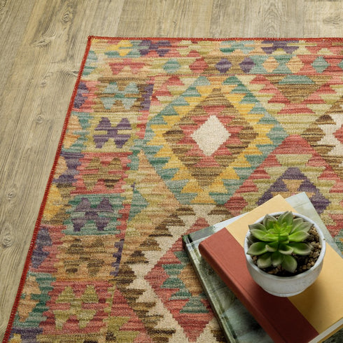 8' X 10' Gold Orange Brown Red Green Purple And Beige Southwestern Printed Stain Resistant Non Skid Area Rug