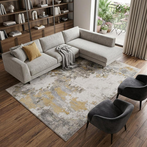 8' X 11' Ivory Gray And Gold Abstract Area Rug